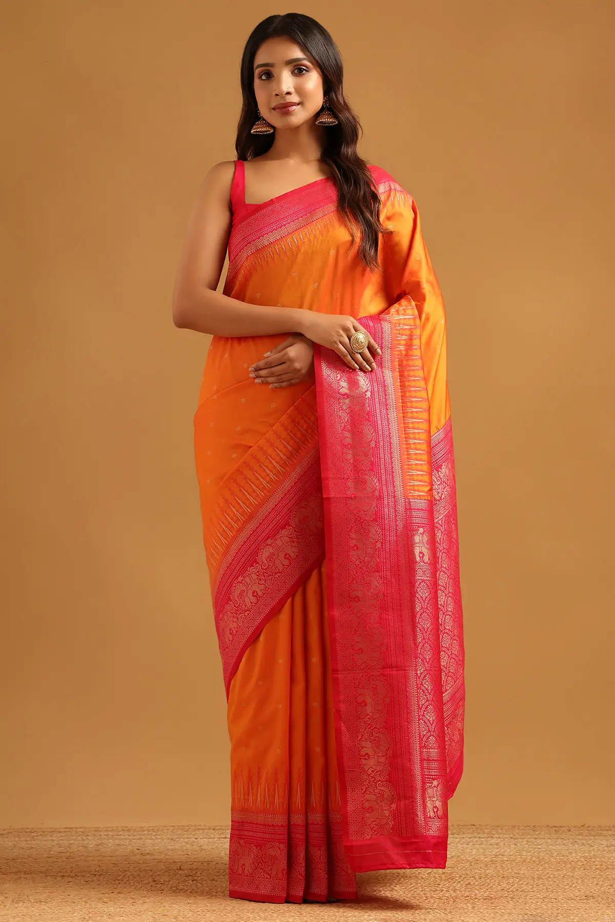 Mustard Silk Blend Ethnic Motifs Jacquard Zari Woven Saree